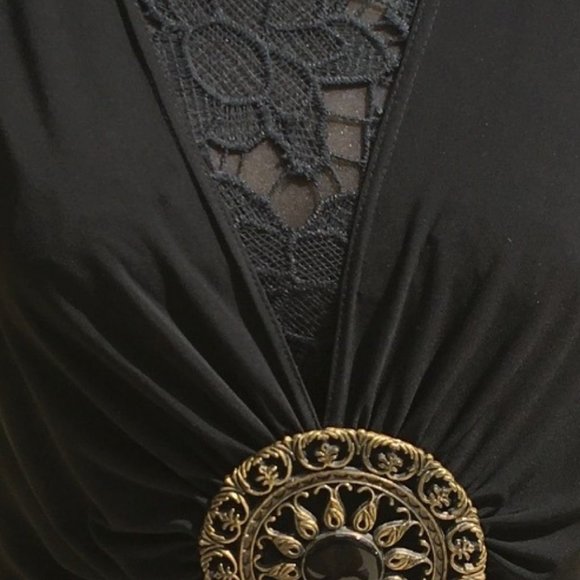 Spense Black Sleeveless Draped Top with Stunning  Medallion Accent - Picture 3 of 6